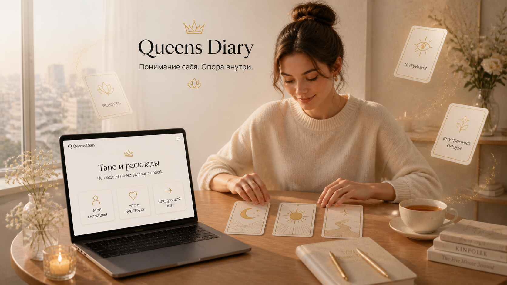 Женщина раскладывает карты Таро рядом с ноутбуком Queens Diary