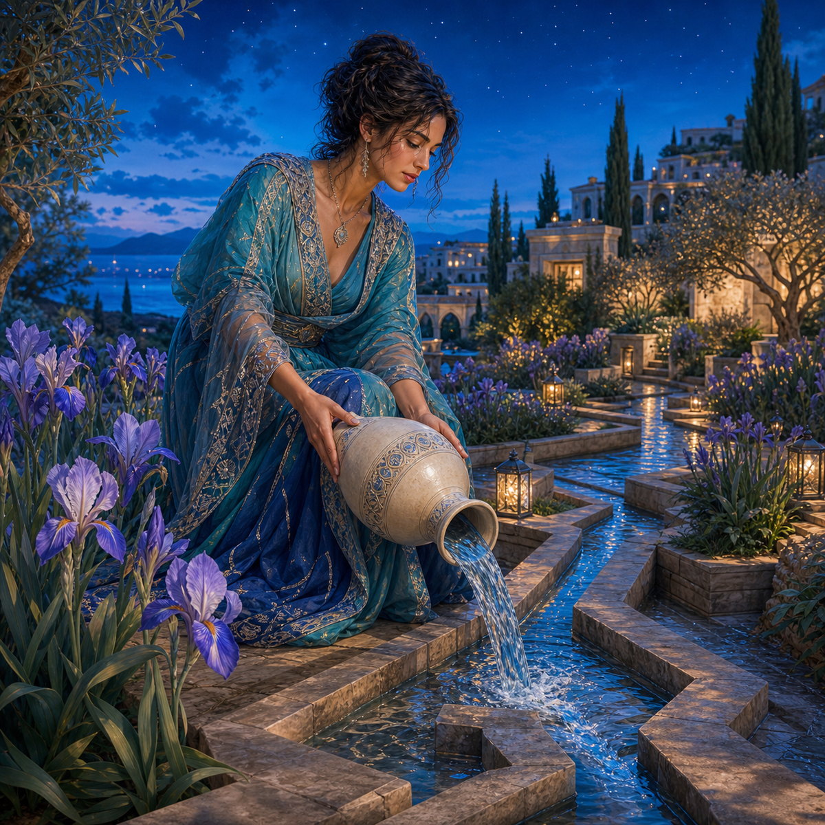 Водолей — женщина льёт воду в ночном саду